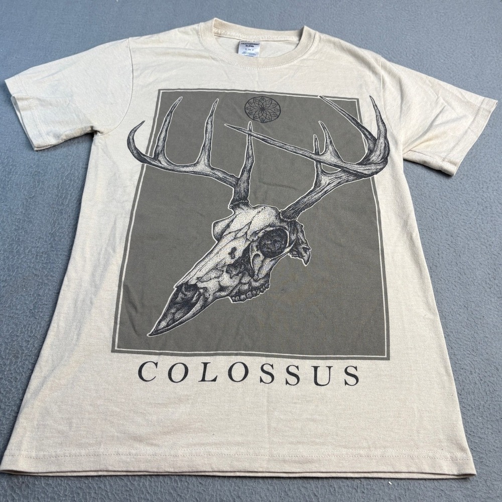 Jerzees Colossus Deer Skull Graphic T-Shirt Tan Small Heavyweight Blend Men's